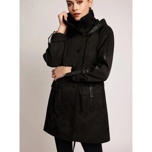 Blanc Noir Black Classic Solid Hooded Faux Leather Trim Anorak Coat Size Medium